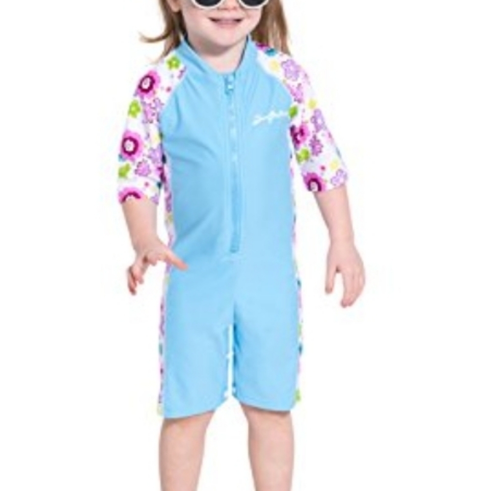 SunBusters Girls 1 Piece S/S Sunsuit Rash Swim UPF 50+ Blue Pink Floral NWT - Picture 3 of 3